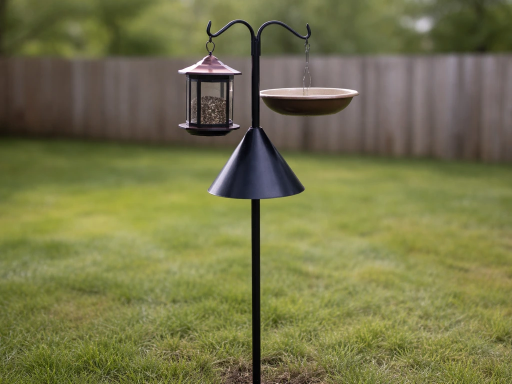 Elevated bird feeder on a pole with a cone baffle, with a birdbath nearby in a safe yard.