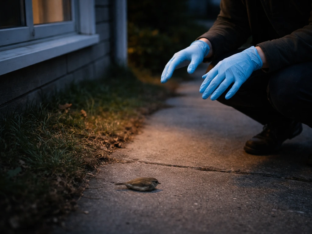 Gloved person investigating a silent bird on a sidewalk near a house window at dusk