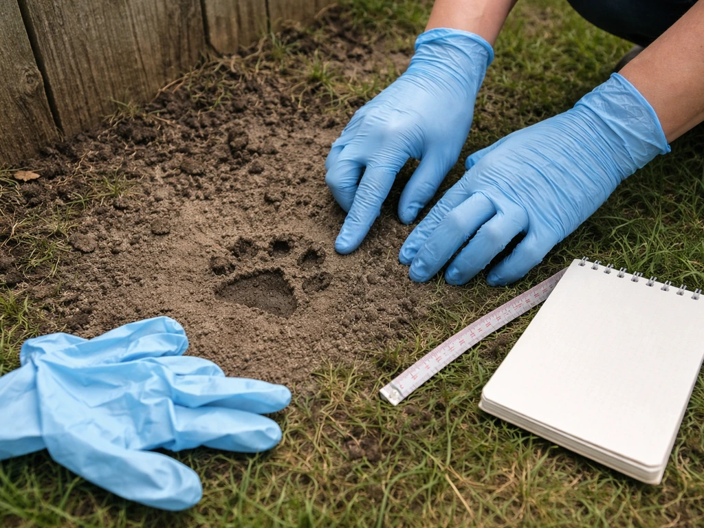 Gloved hands inspecting dog paw evidence in a backyard with gloves, blank notebook, and measuring tape.