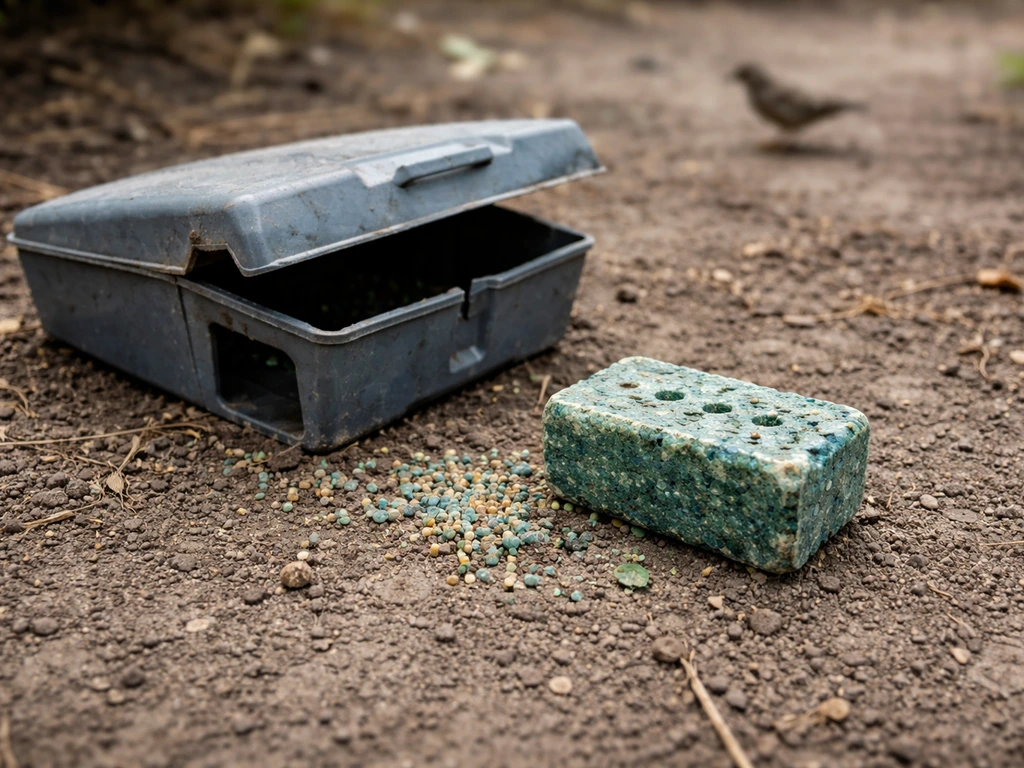 Rodent bait block on soil beside a knocked-over feeder, suggesting disturbed poison and secondary poisoning risk.
