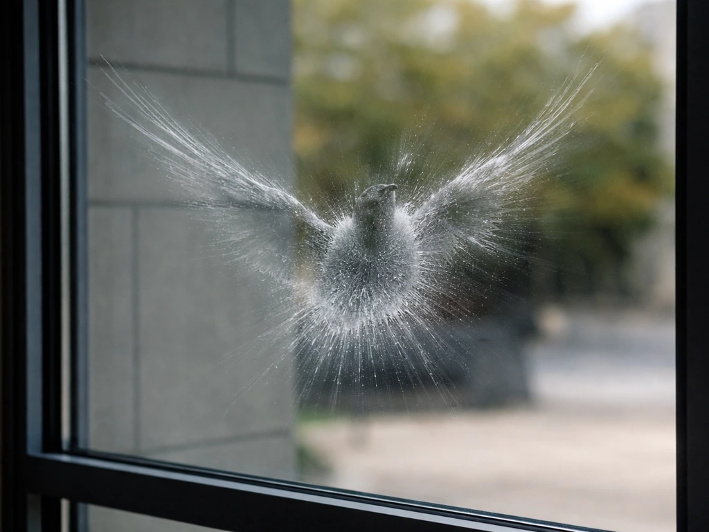 Bird silhouette colliding with a glass window, with visible cracks and shattered reflective glass.