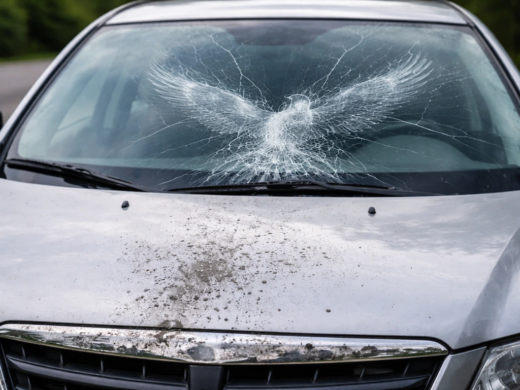 Close-up of a car windshield with a bird silhouette impact mark and debris after a crash.