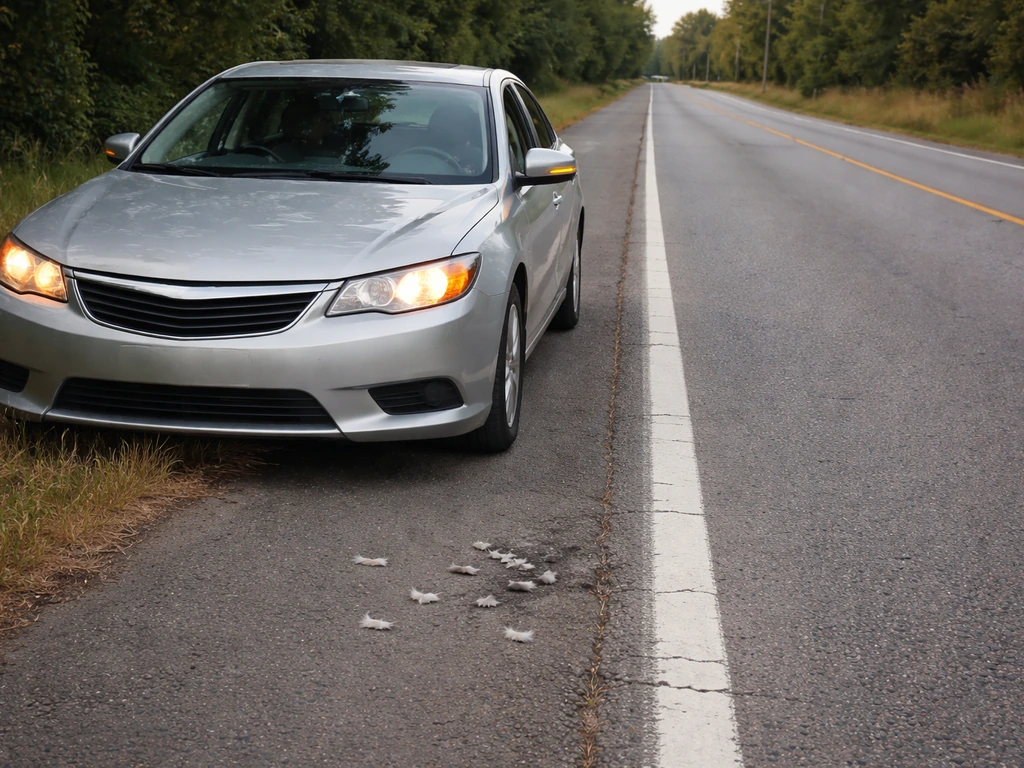 Car pulled over with hazard lights on after a bird strike, driver looking toward the road in daylight.