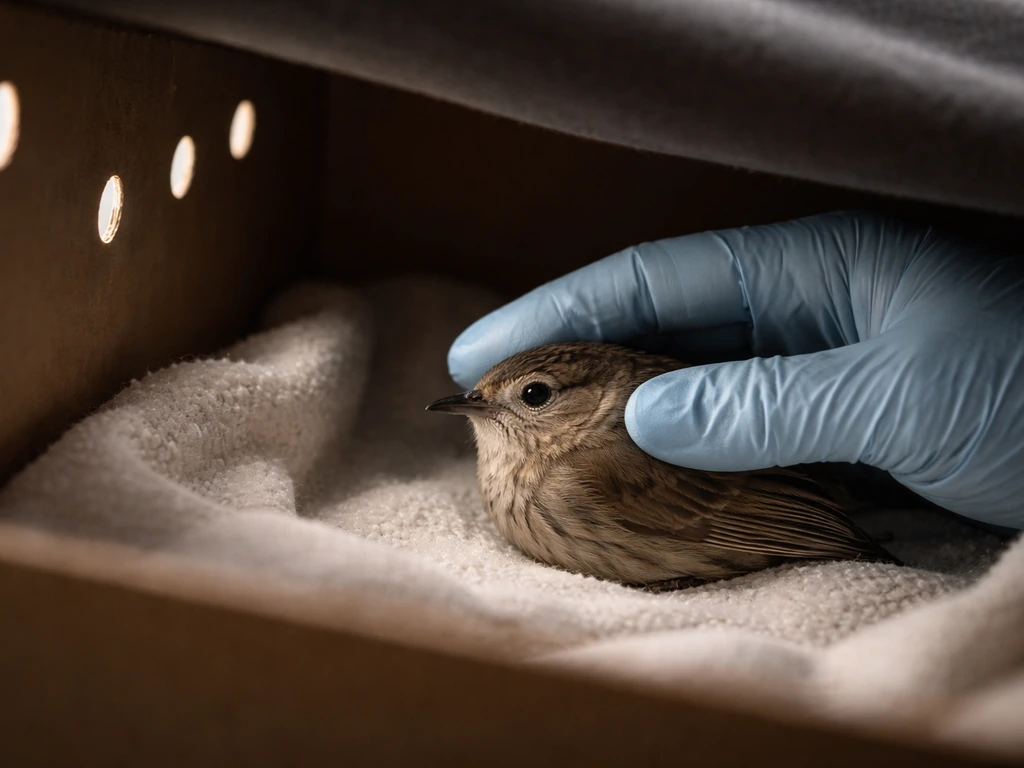 A small stunned wild bird rests in a ventilated box while a gloved hand gently supports it.