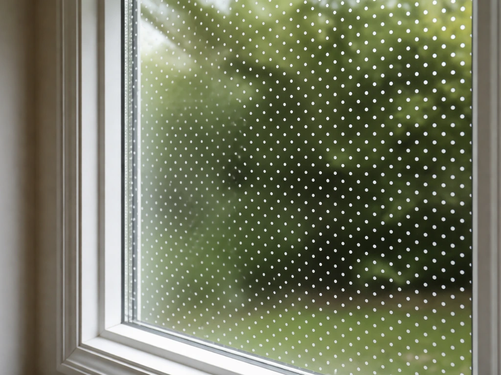 Close-up of a home window with small spaced vinyl dots for bird-safe protection