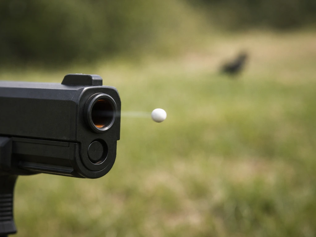 Airsoft BB leaving the barrel toward grassy outdoors with a small bird silhouette softly blurred in the distance.
