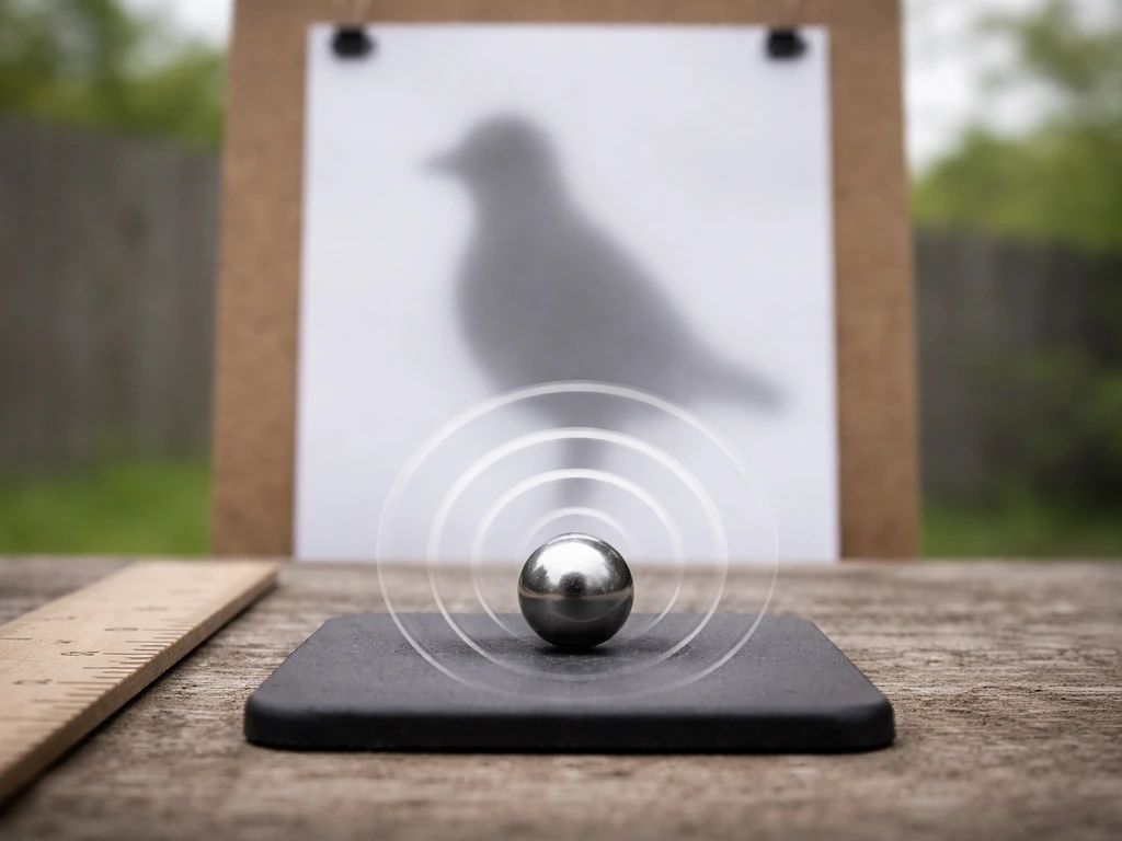 Close-up BB on a mat with a bird-shaped target silhouette and subtle impact rings for scale.