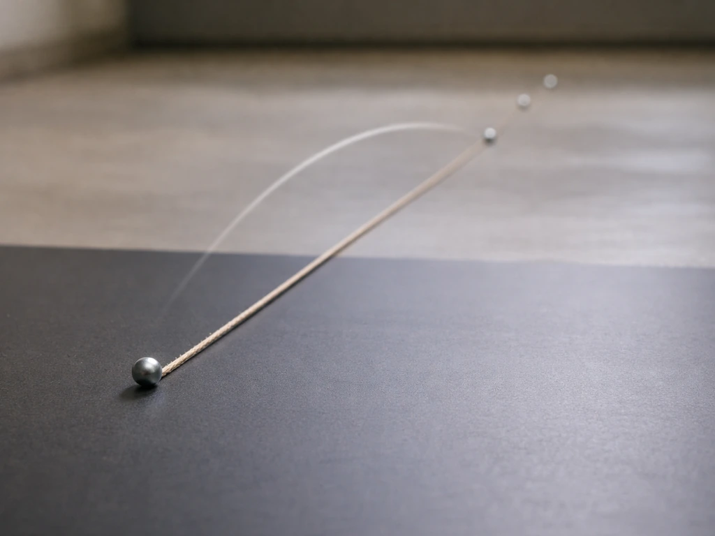 BB on a dark tabletop with a cord line and distant specks to suggest decreasing hazard over distance.