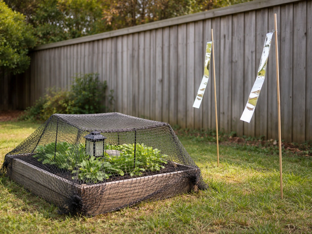 Bird-safe netting and reflective deterrent strips installed on a backyard garden area, no birds or weapons