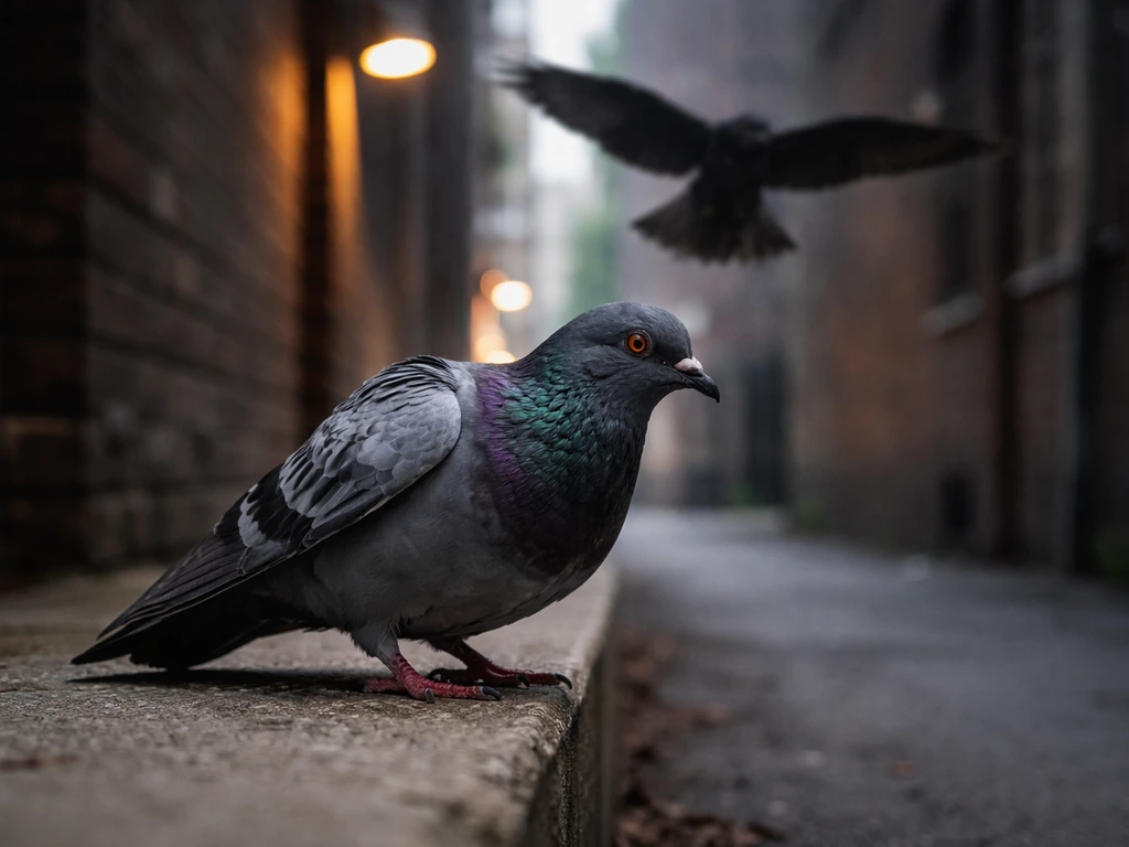 A feral pigeon on a ledge as a hawk-like raptor silhouette approaches in an urban alley.