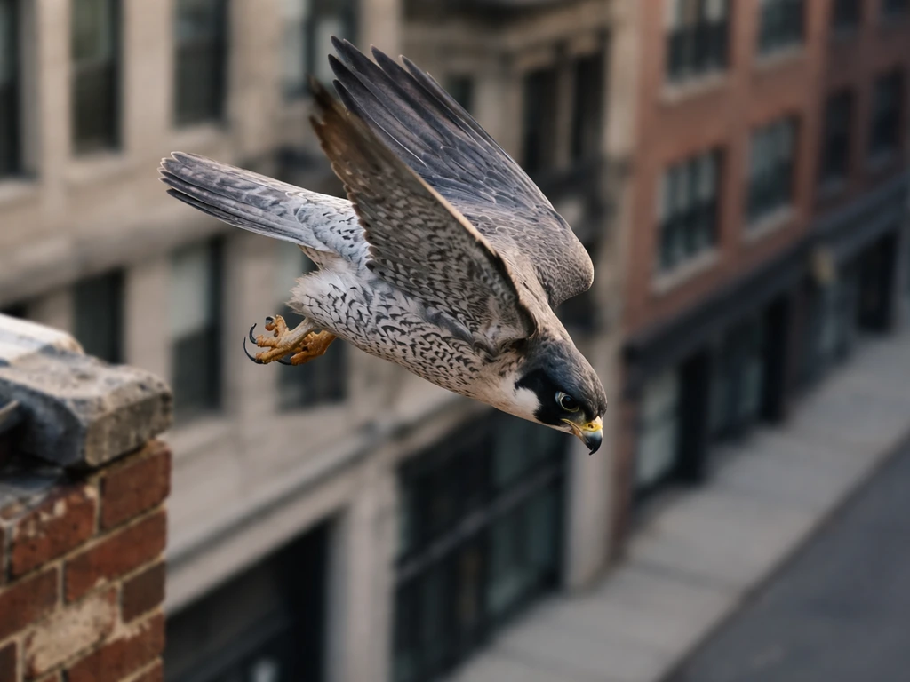Peregrine falcon stoops from a rooftop ledge toward the street below in a city setting