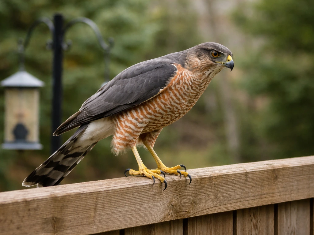 Sharp-shinned hawk perched by a backyard bird feeder, ready to hunt pigeons or feeder birds.