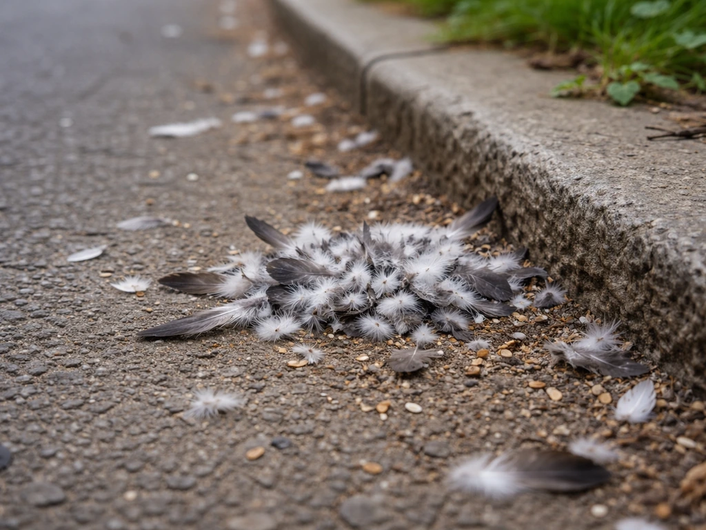 Close-up of disturbed ground with scattered plucked pigeon feathers near a small feeding area outdoors.