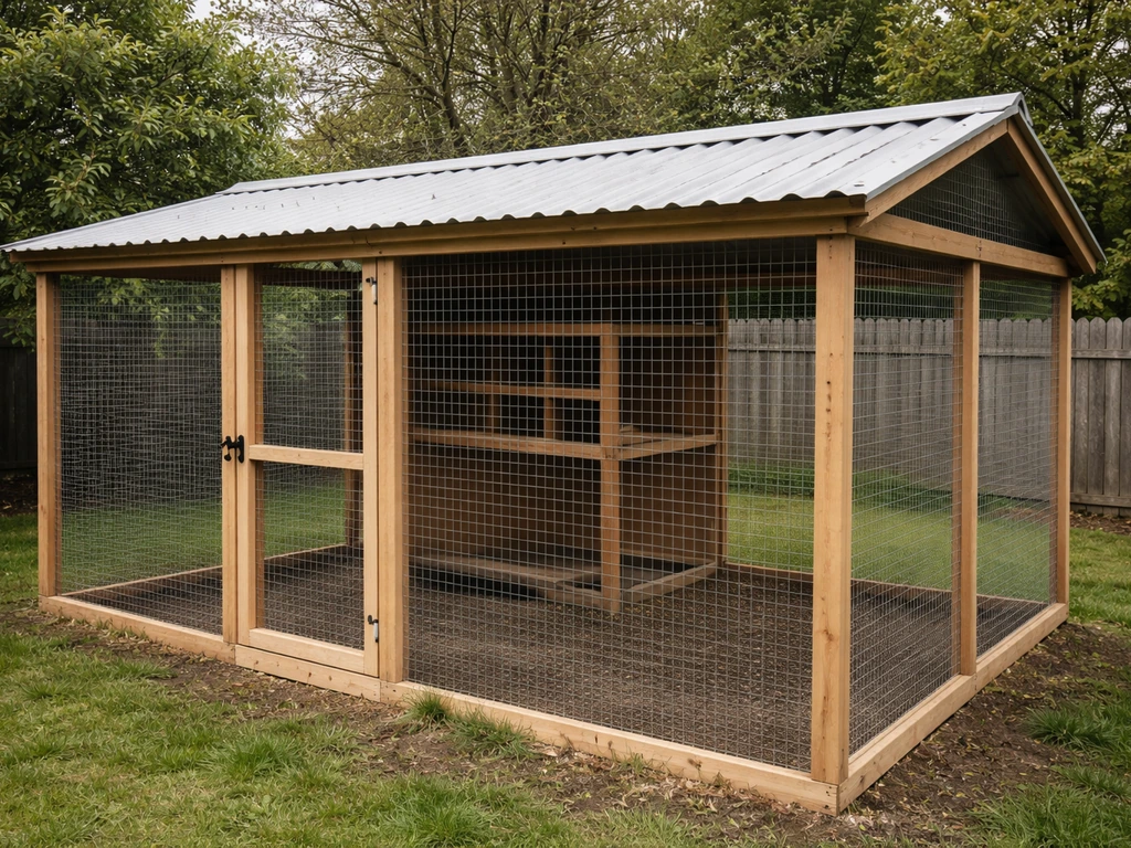 Covered pigeon loft enclosed with poultry wire and a fully netted roof to block raptors
