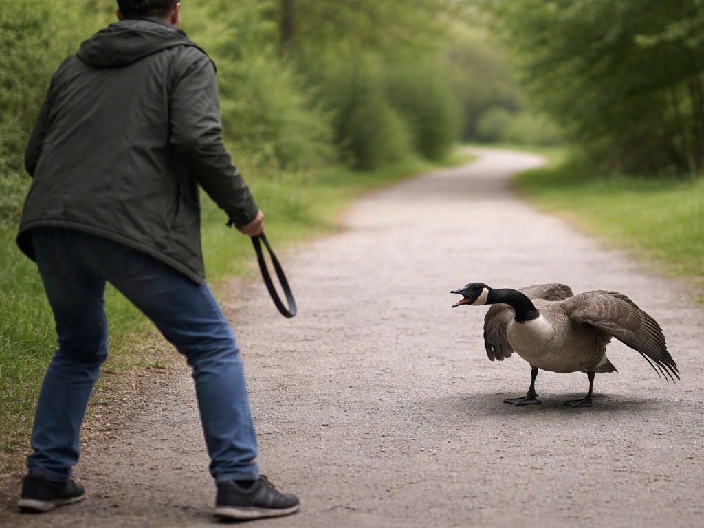 Person backing away from an aggressive bird in a tense outdoor moment, showing safe distance