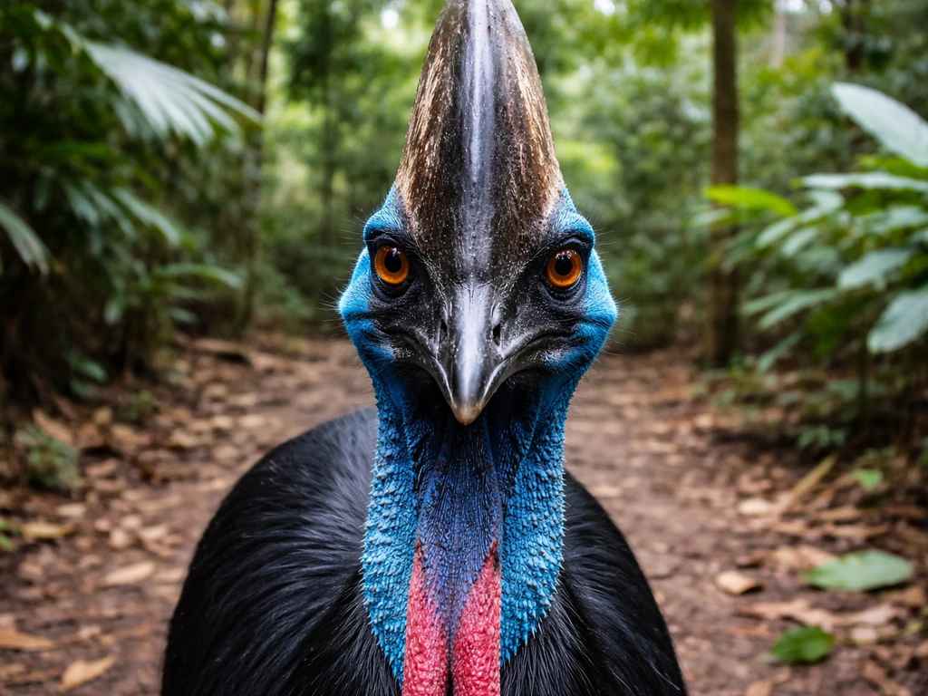 Close-up of a southern cassowary in lush greenery, facing camera with alert posture.