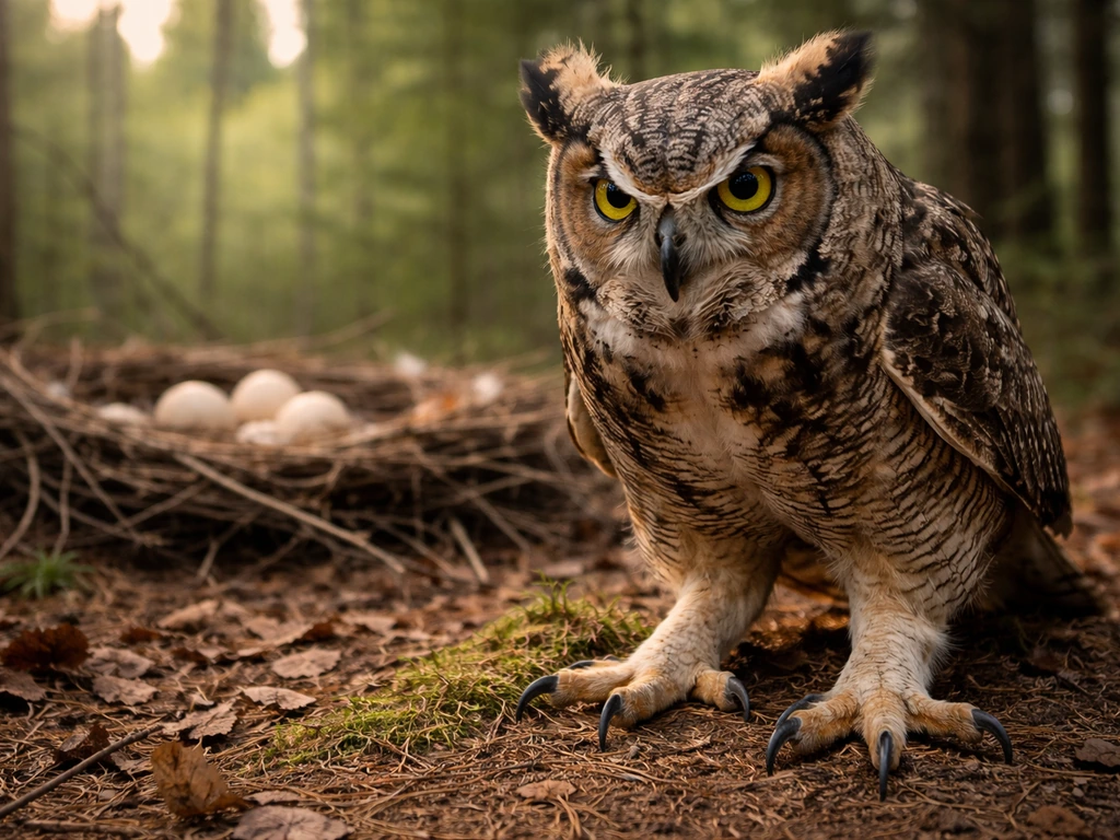 Large raptor near its nest with talons extended, showing how it can seriously injure humans.
