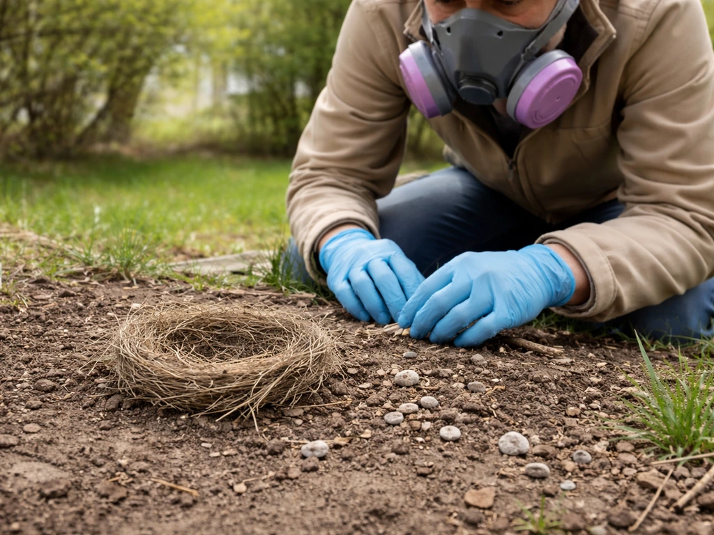 Wildlife handler in mask and gloves near bird droppings by a nest in a quiet spring yard.
