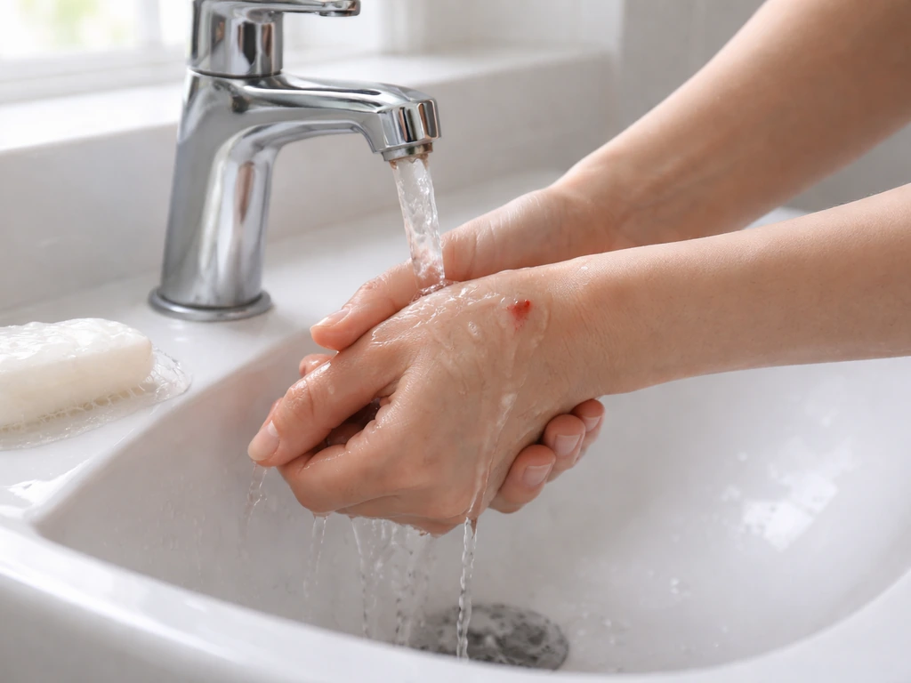 Close-up of hands rinsing a small wound under running water with soap in a bathroom sink