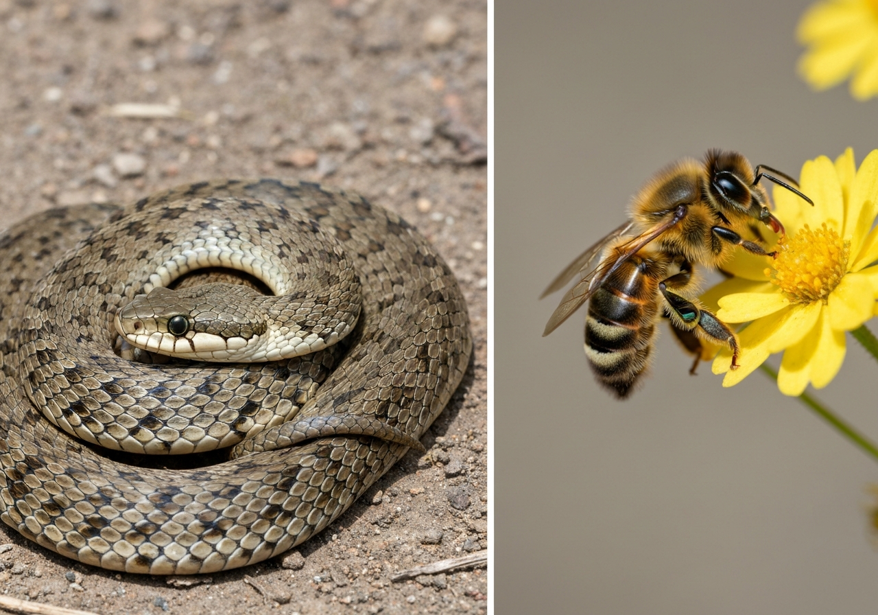 Close-up of a snake and bee to illustrate venom vs bird poison misconceptions