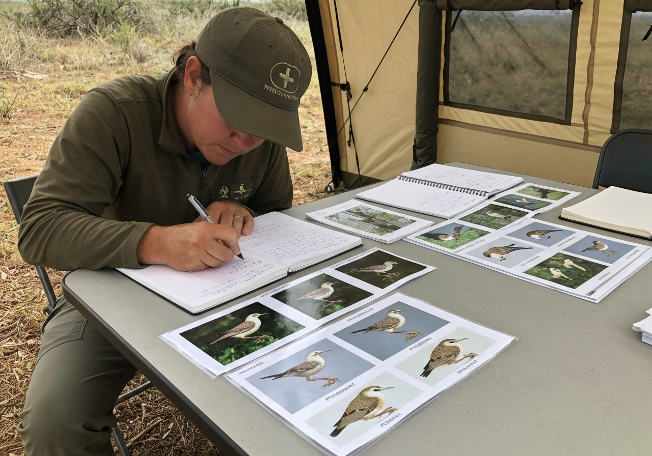 Researcher note-taking beside preserved Pitohui specimens to debunk the 'only poisonous bird' myth