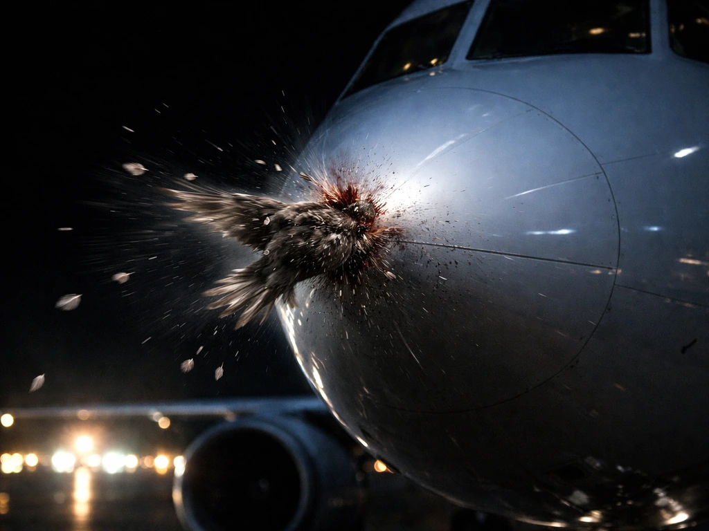 Close view of a bird impacting an aircraft nose during approach, with debris and disturbed air