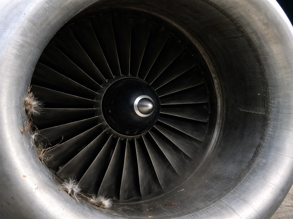 Close-up of a jet engine intake showing debris and nicked fan blades from bird ingestion damage.