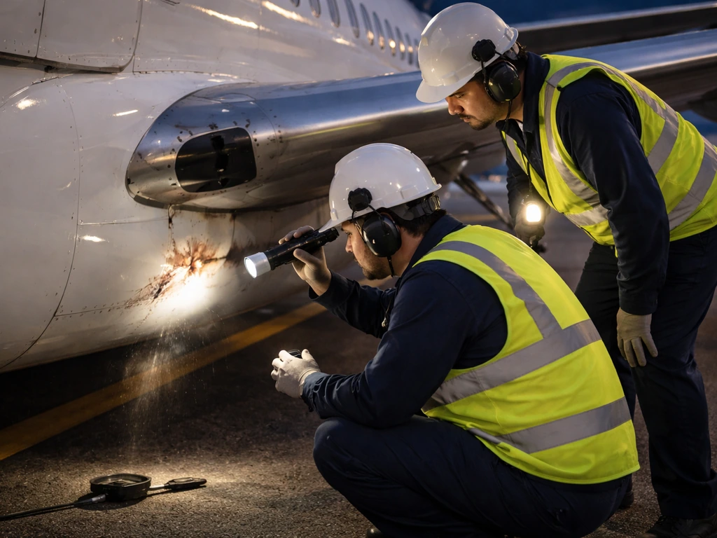 Ground maintenance crew inspecting a passenger plane near the wing with flashlights and inspection tools.