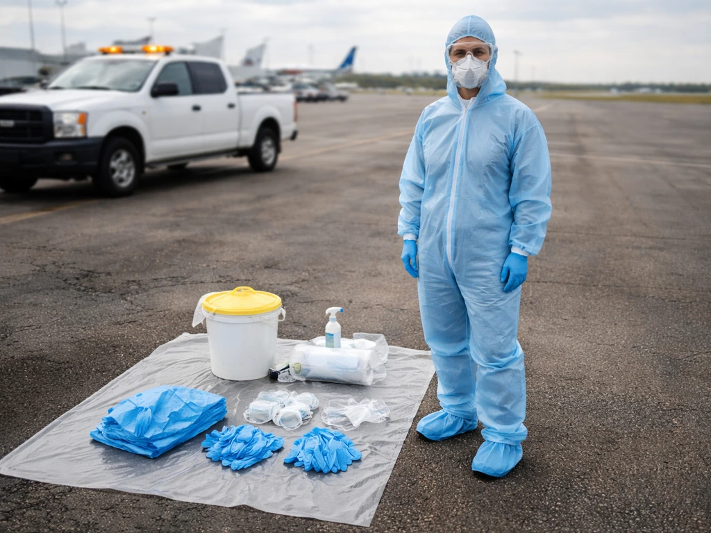 Airport ground worker in protective PPE during post bird-strike cleanup on a quiet tarmac.