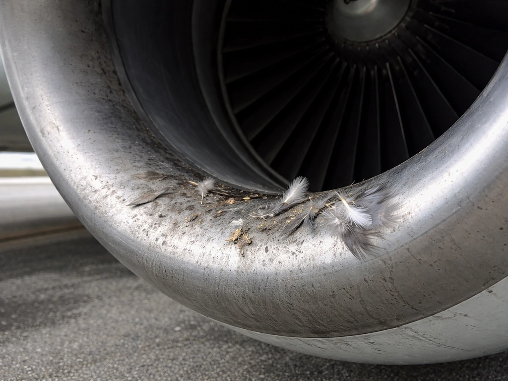 Close-up of small bird feather fragments and debris near an aircraft engine intake area, forensic-style.