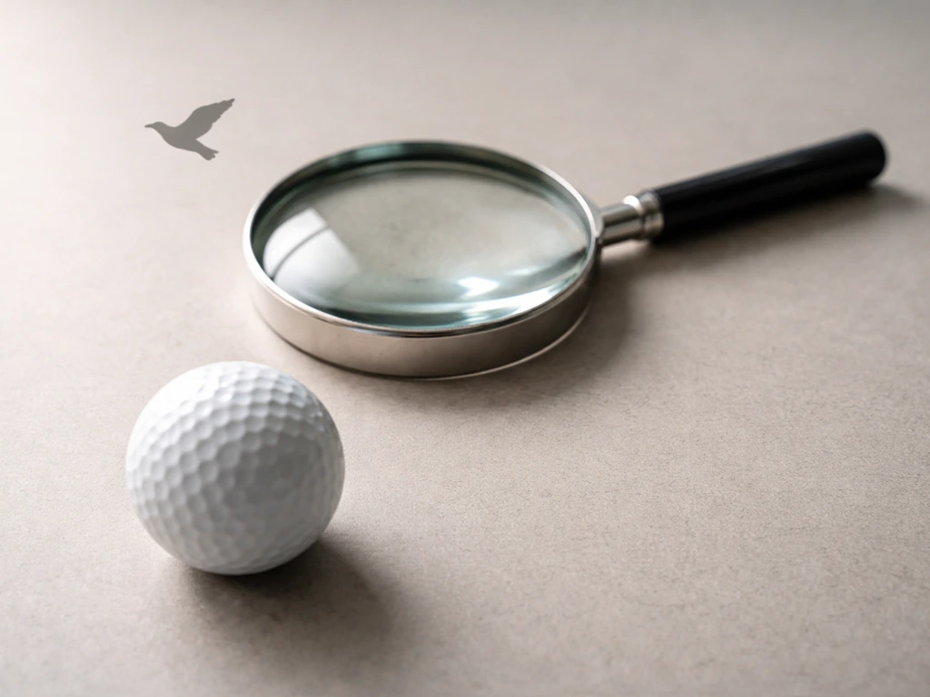 Magnifying glass examining a golf ball beside a small bird silhouette on a neutral background