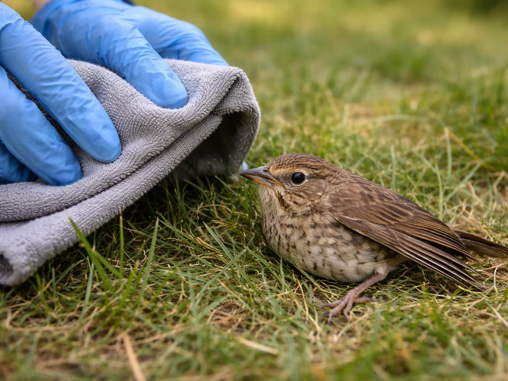 Close-up of a small bird on grass with one wing held lower and gloved hands using a cloth barrier nearby.