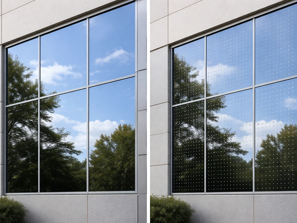 Split view of an office window: reflective glass on left vs decals or an exterior screen on right to reduce reflections.