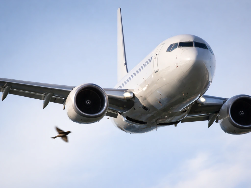 Passenger jet in flight with a single bird flying near the engine intake, suggesting a possible strike.