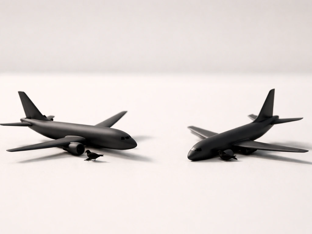 Two small airplane silhouettes with bird impact cues, illustrating “serious incident” vs “complete loss.”