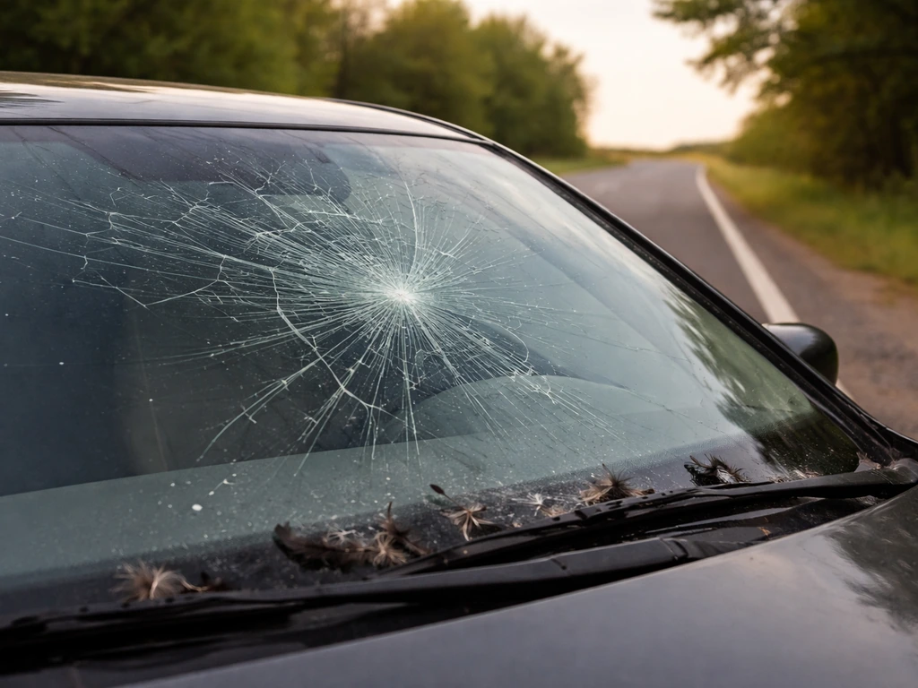 Cracked windshield with small bird-strike debris on a parked car, road and sky behind it