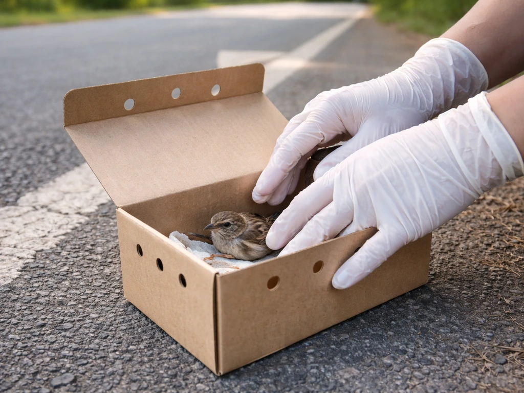 Gloved hands gently placing a stunned bird into a ventilated paper box on a roadside.