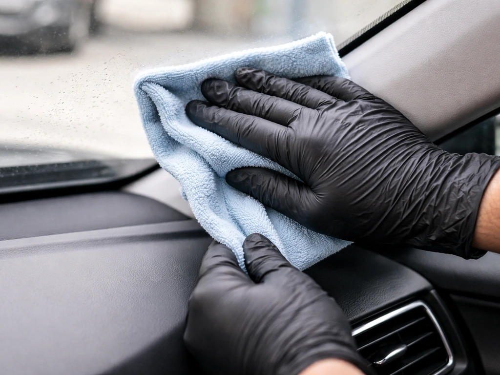 Gloved hands gently wiping a car windshield with a wet cloth for safe, hygienic cleaning.