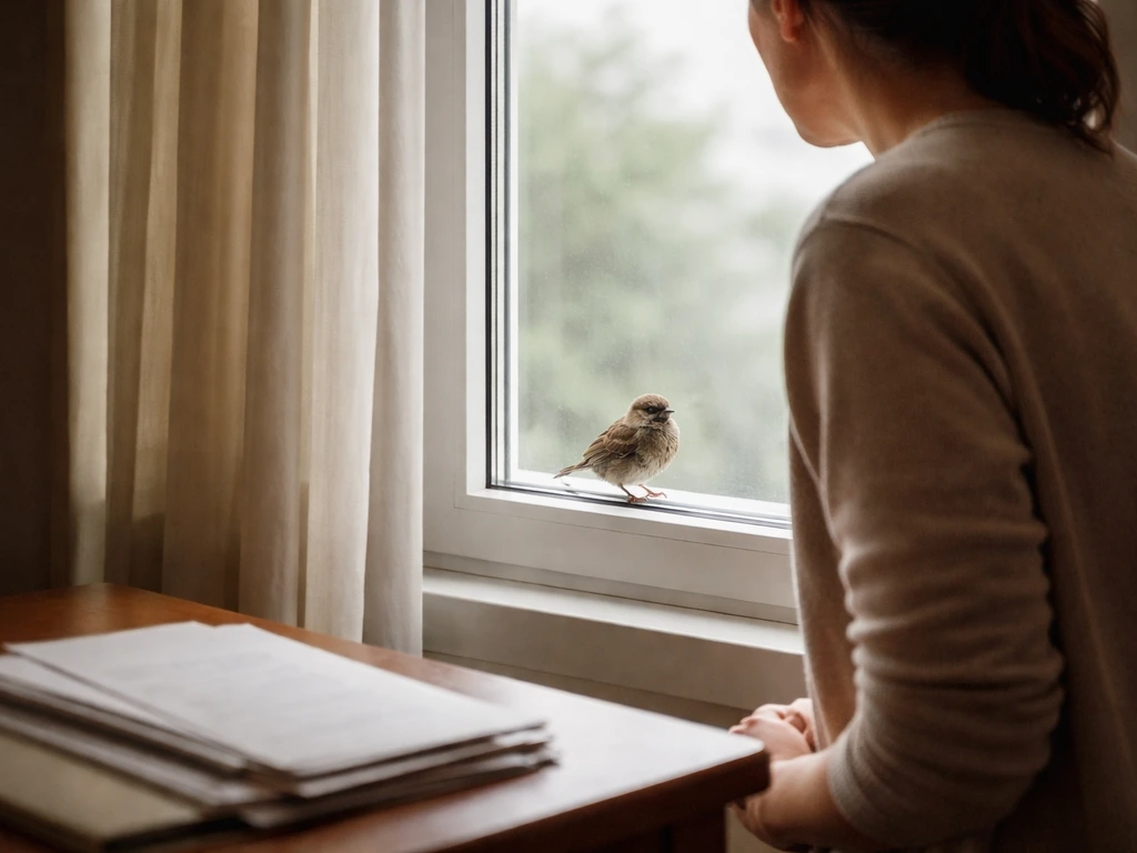 Person by a window watching a small bird perched nearby in a quiet, cautious home setting