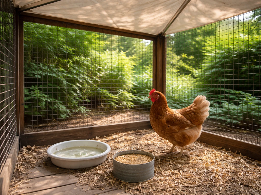 Backyard chicken in a small outdoor pet enclosure with water and feed dishes in natural light.