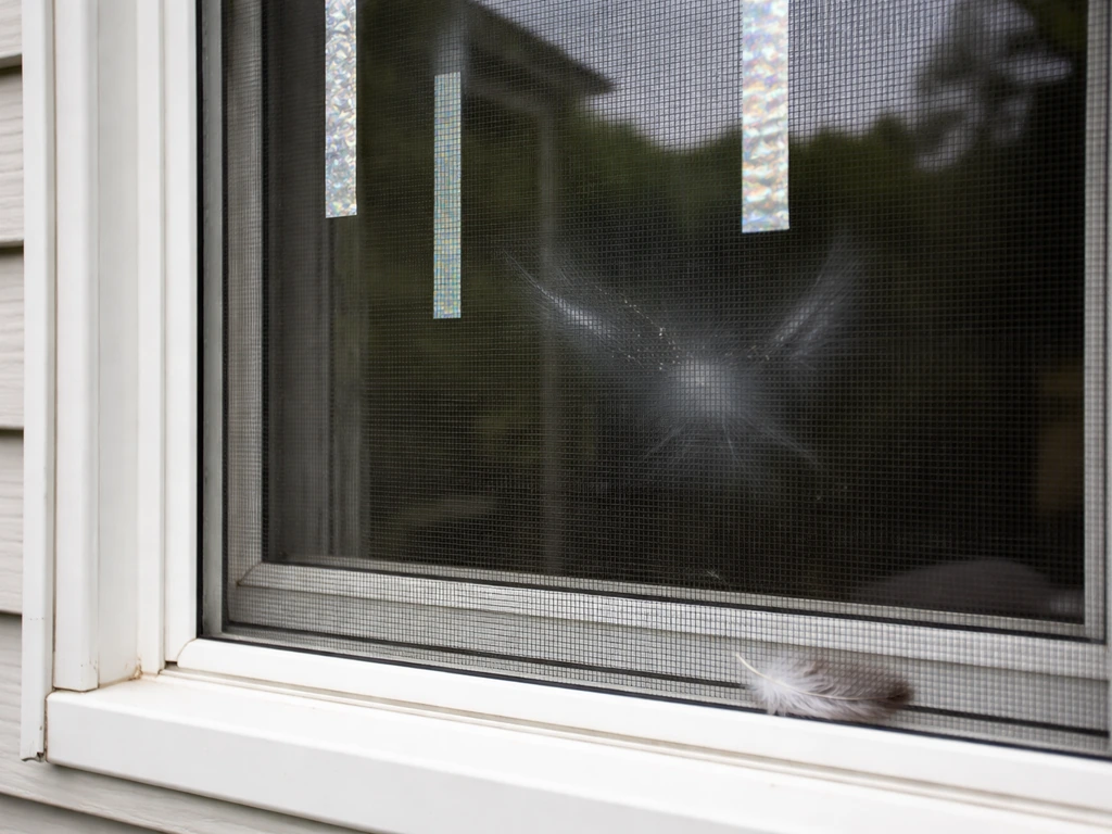Close view of a house window with a bird strike deterrent nearby after an impact