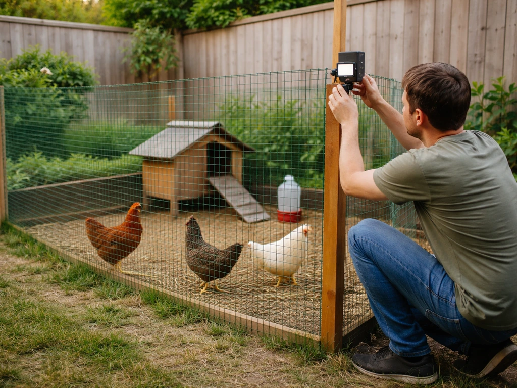 Person in a quiet backyard garden setting up a non-lethal bird deterrent near fencing and chickens.