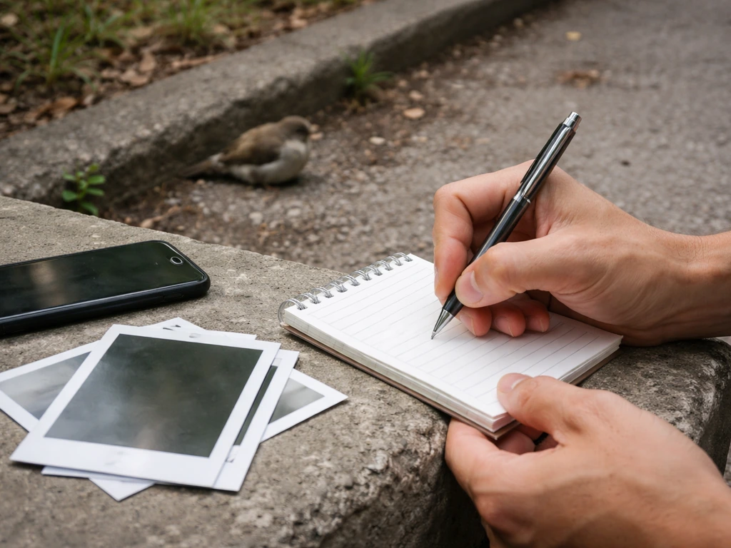 Person writing details on a notepad with pen beside a small injured bird and photo printouts