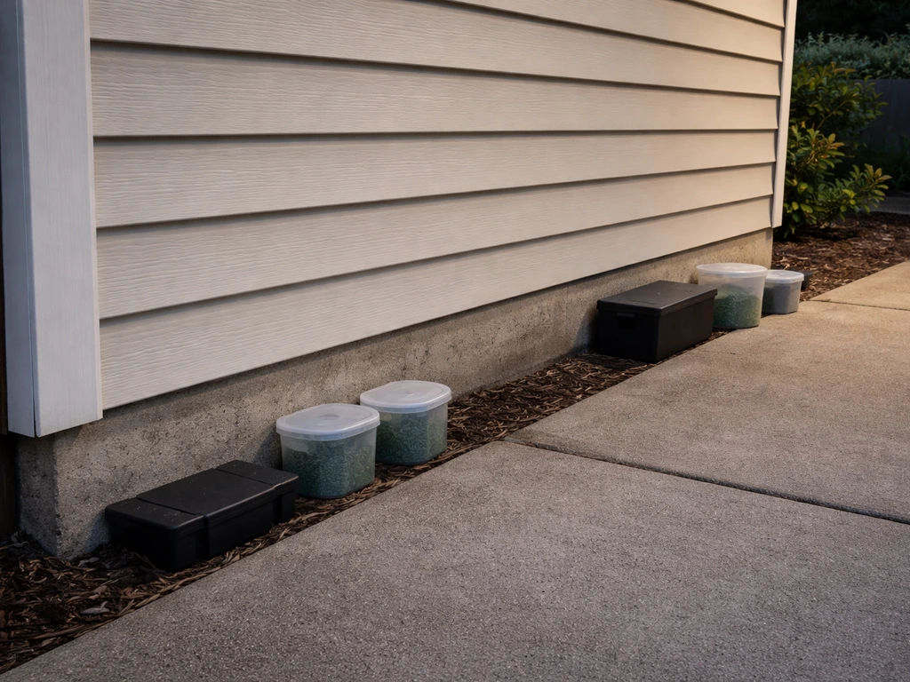 Rodent bait stations and rodenticide containers along a garage wall, contrasted with safer sealed alternatives
