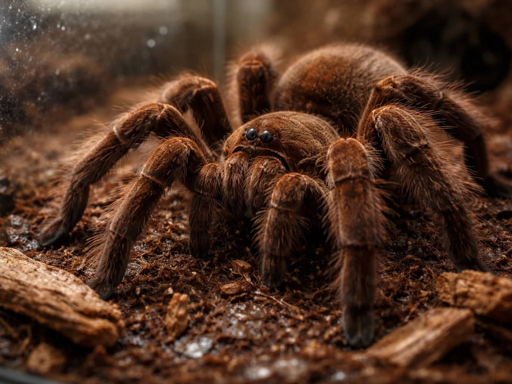 Macro close-up of a Theraphosa blondi tarantula inside a simple terrarium, focused on its hairy legs.