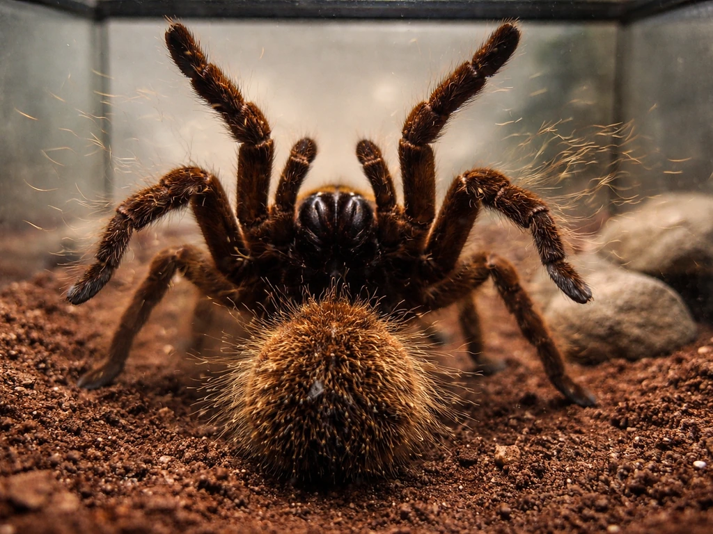Goliath birdeater tarantula flicking urticating hairs in a simple terrarium threat display.
