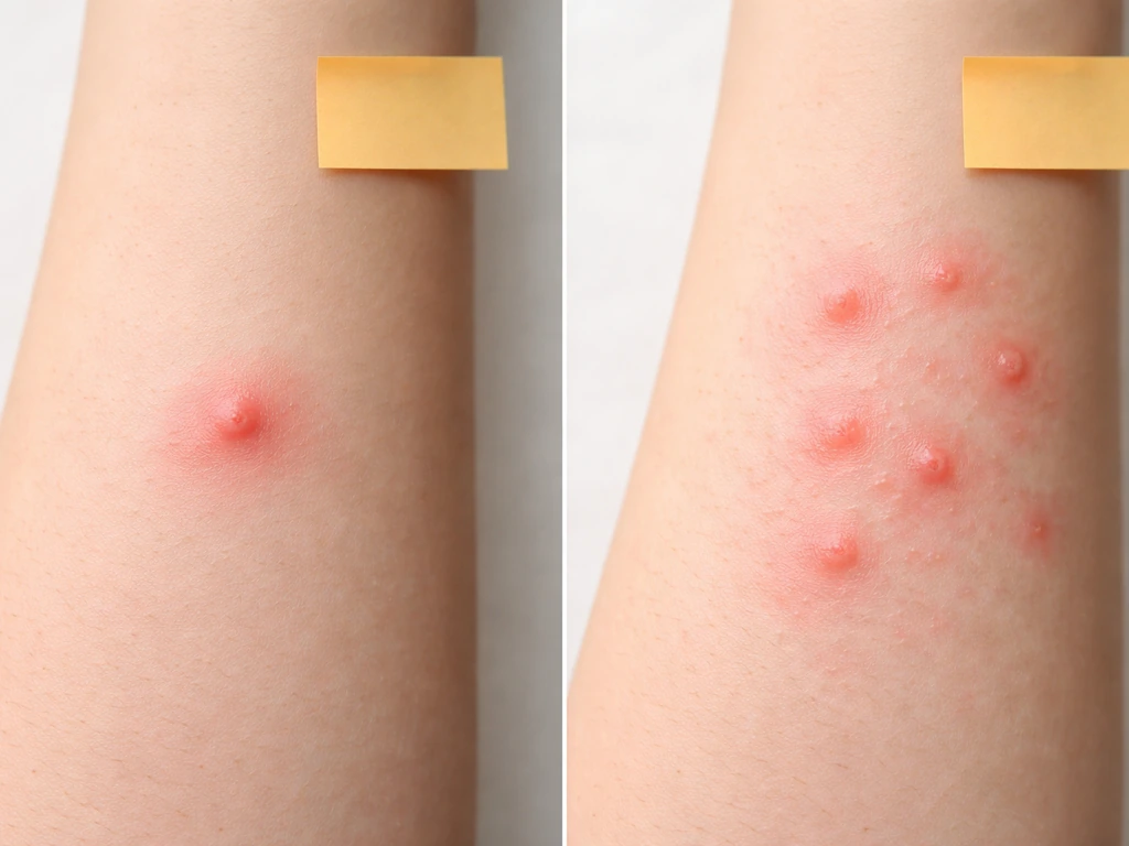 Split forearm skin close-ups: mild bite redness on left vs. urticating hair welts on right, minimal and non-graphic.