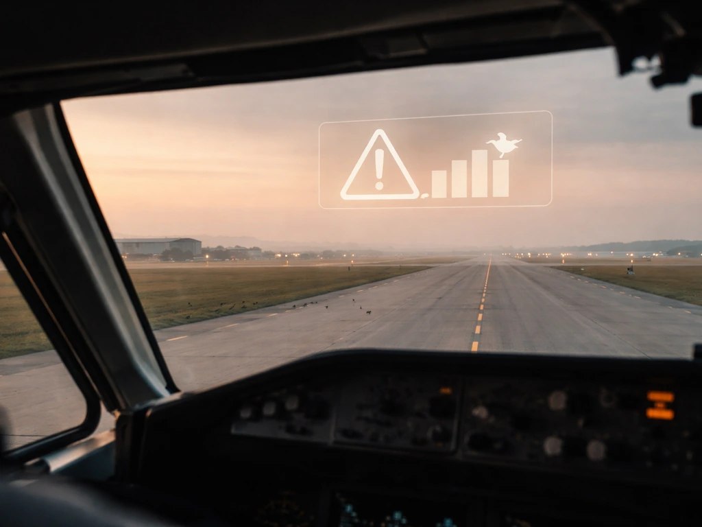 Pilot view over an airfield tarmac with birds nearby and an aviation alert overlay for bird strike warning.