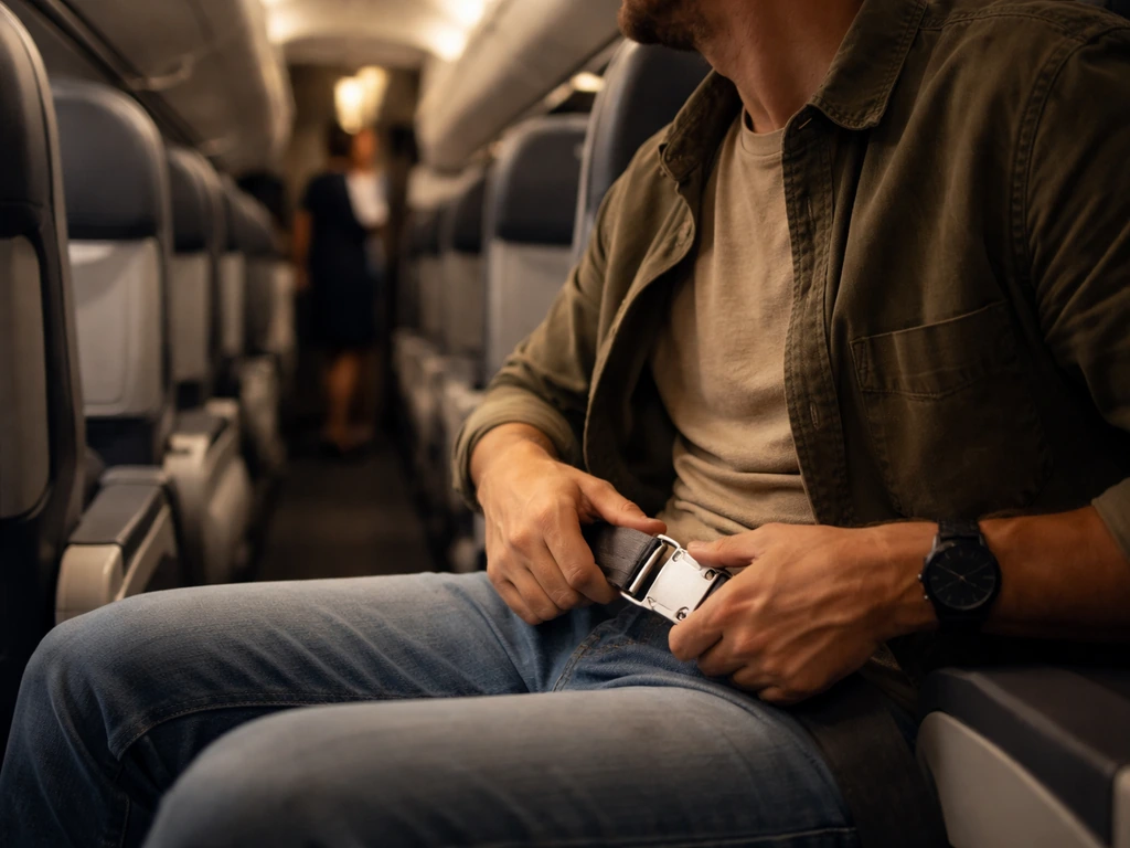 Passenger fastening seatbelt in airplane cabin while crew issues instructions during bird-alert delay.