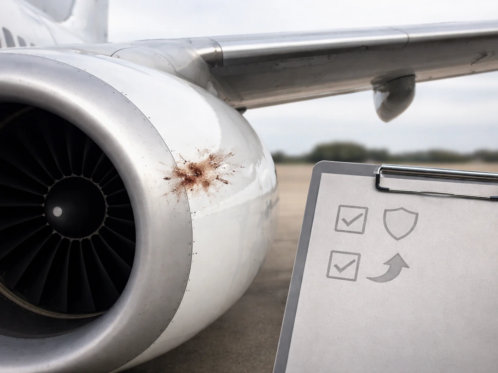 Closeup of an aircraft engine intake showing a bird impact mark with simple secure/report icons.